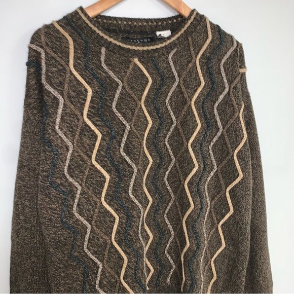 Protege Collection Vintage Grandpa Knit Sweater Brown Zigzag Crewneck Size Large - Picture 3 of 6